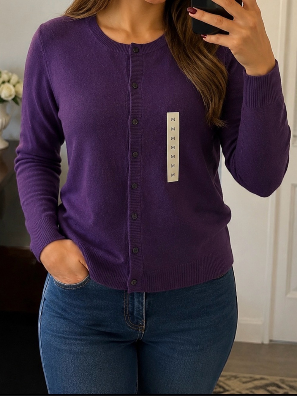 croft & barrow Purple Button-Front Crewneck Cardigan